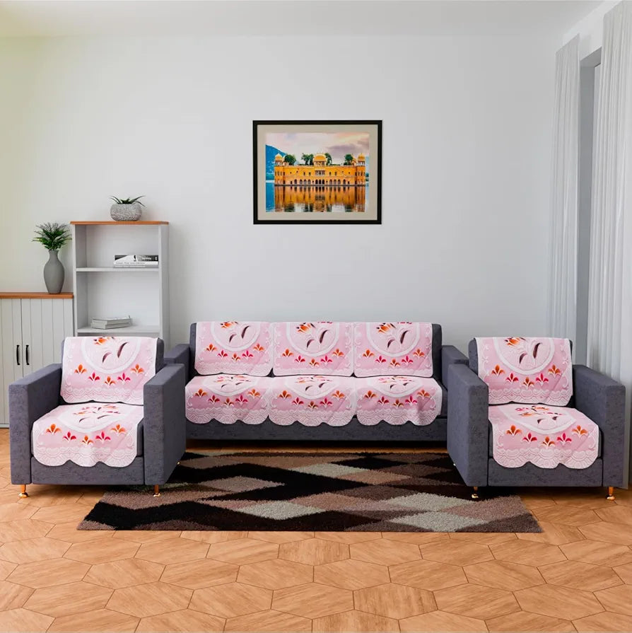 Kuber Industries 5-Seater Sofa Cover for Home Decor Printed Sofa Cover Set Pink