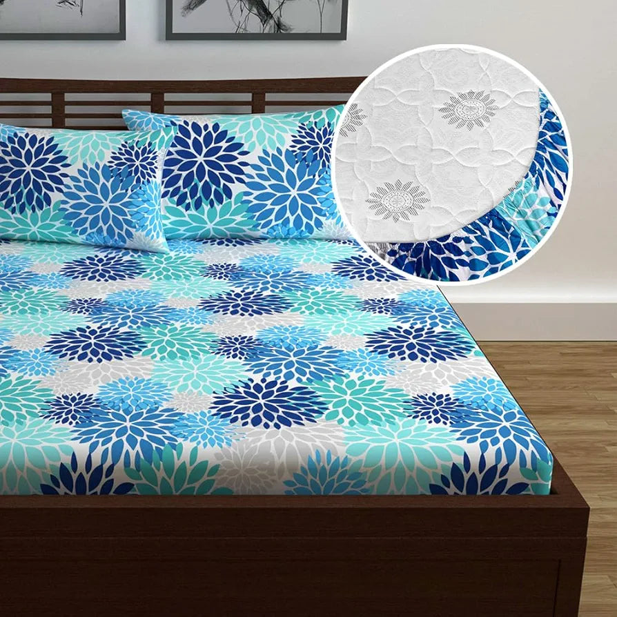 Divine Casa 144 TC Cotton Flower Print Queen Size Double Bed Elastic Fitted Bedsheet with 2 Pillow Cover Colour Dusk Blue