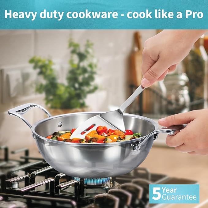 Hawkins Pro 3.5 Litre Deep-Fry Pan, Triply Stainless Steel Kadhai with Stainless Steel Handles and Stainless Steel Lid, Silver