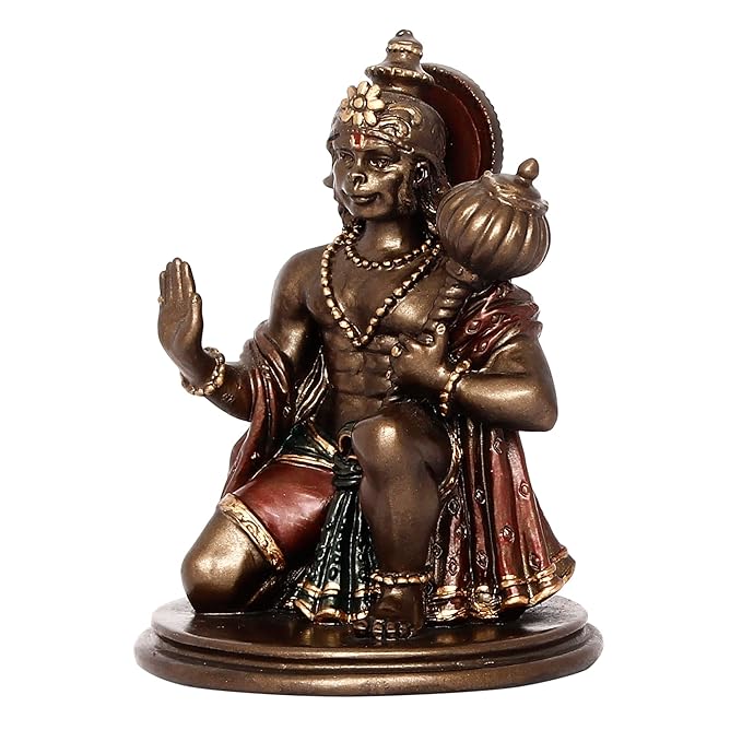 Ecraftindia Brown and Copper Polyresin Blessing Lord Hanuman Idol With Mace | Auspicious Religious God Idol