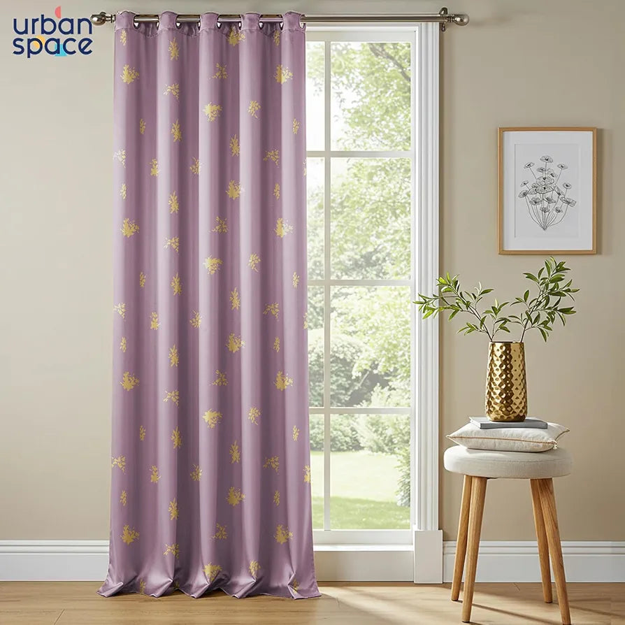 Urban Space Blackout Curtains for Living Room Gold Foil Printed Luxurious Blackout Decorative Door Curtain 1 Piece Crackle lilac Colour