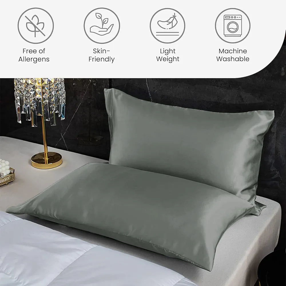 Cloth Fusion Satin Pillow Cover Set of 2 Pillow Case with 3 Satin Soft Scrunchies Silver