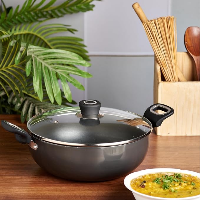 Vinod Hanos Hard Anodised Non Stick Deep Kadhai with Glass lid - 4.1 Litre, 26 cm | 3.25mm Thick | 5X Non Stick
