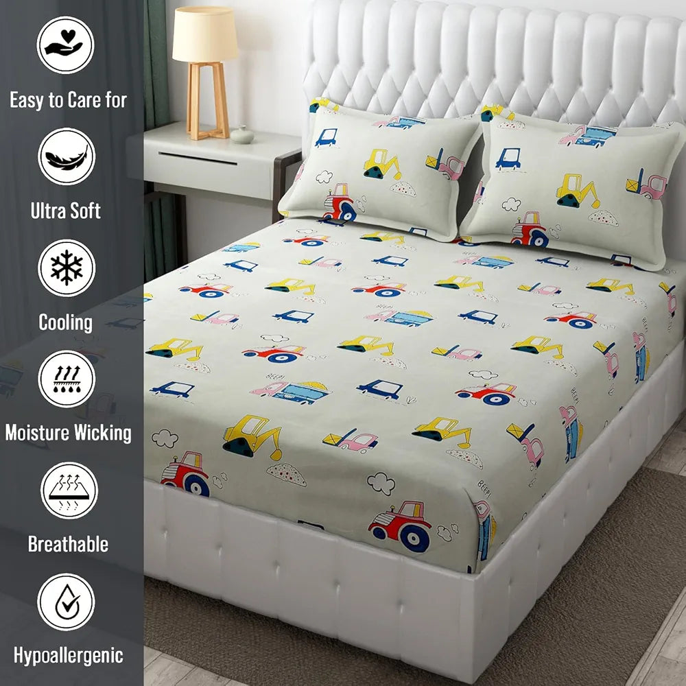 Fresh From Loom Elastic Fitted Bed Sheet with 2 Pillow Cover Cartoon Printed Cream Double Bed 300 TC Cream