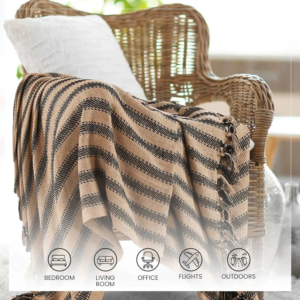 Sashaa World Striped Throw Medium with Tasselled Edges Colour Charcoal