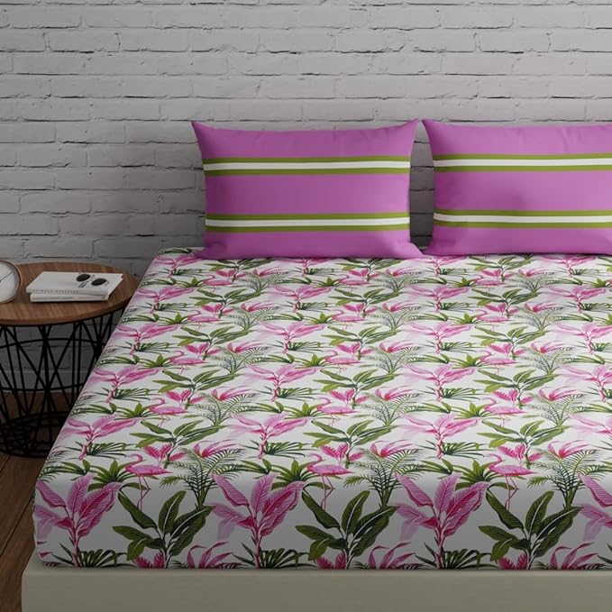 Huesland by Ahmedabad Cotton 144 TC Cotton Bedsheet for Double Bed King Size with 2 Pillow Covers |Flamingos & Stripes Pink & Green