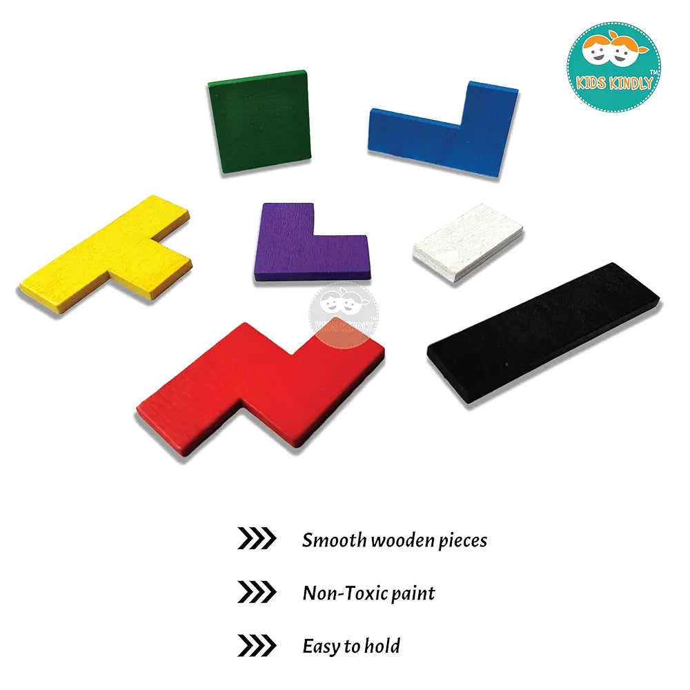 KIDS KINDLY Wooden Jigsaw Puzzle, Tetris Board Game, Monteszori Toys for Preschoolers, Multicolour, Age 3+
