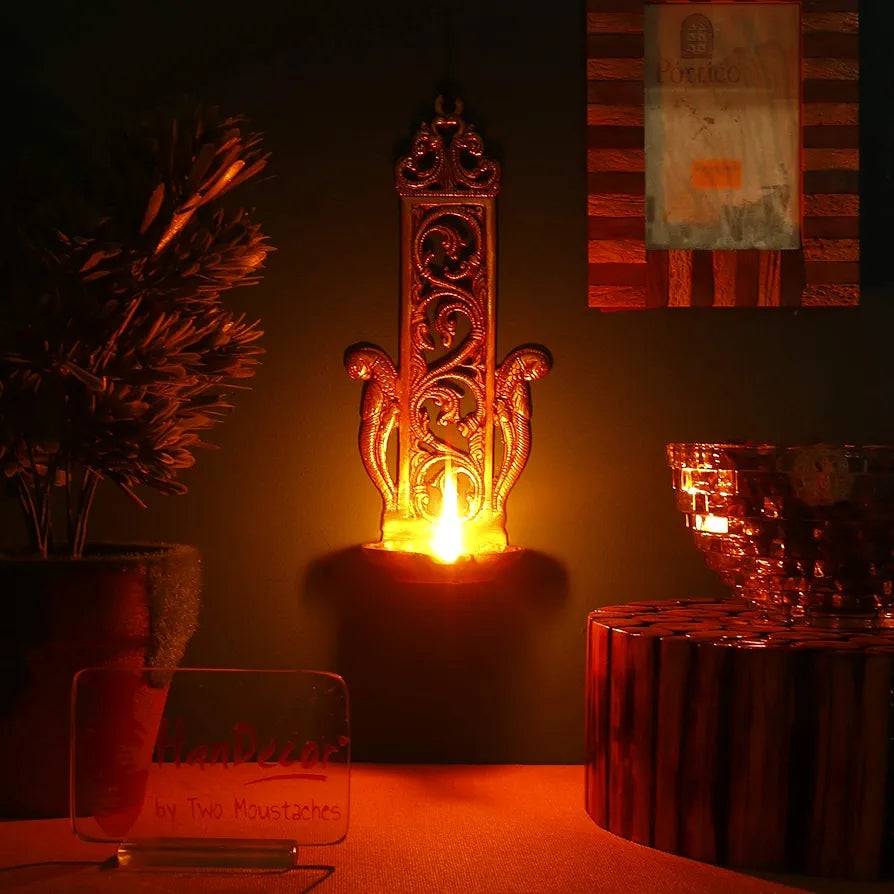 Two Moustaches Ethnic Indian Design Peacock Table/Wall Hanging Brass Diya