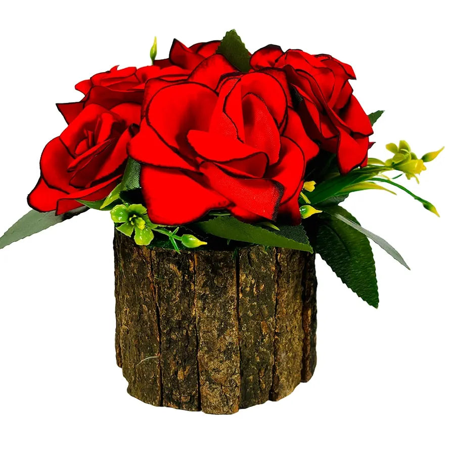 Artificial Velvet Rose Fake Flowers Potted Artificial Plants Indoors Natural Wooden Pot