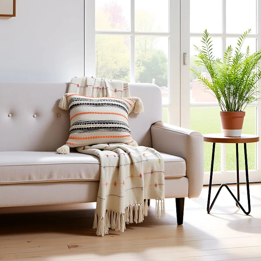 Sajavat Home Pure Cotton 3 Seater Sofa Throw with Cushion Cover Colour Beige Multi