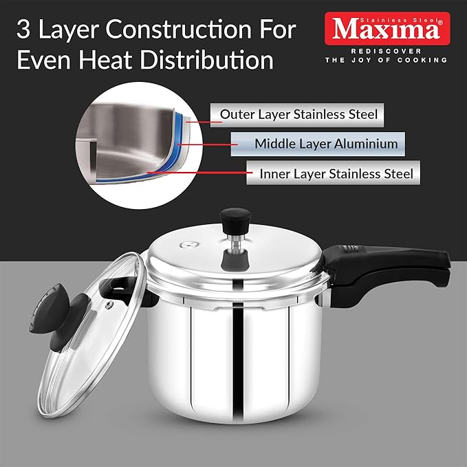Maxima Sumo Plus Triply 3.5L Stainless Steel Cooker Glass Lid - 1900 gms