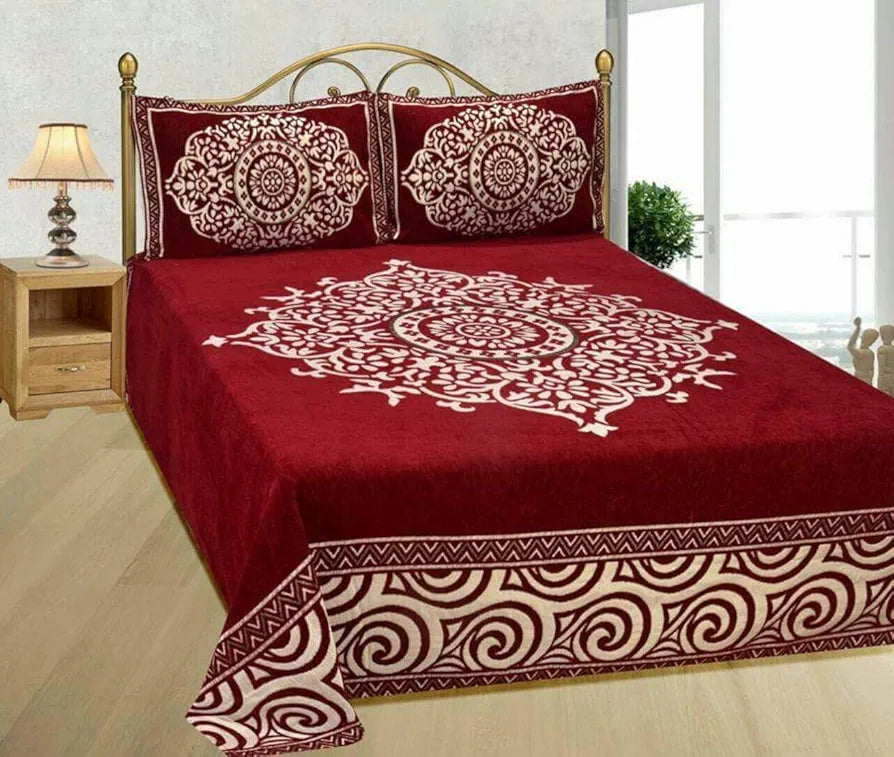 Fresh From Loom Chenille Velvet Floral 500 TC Heavy Bedsheet for Double Bed King Size Maroon Color with 2 Pillow Covers Ambi Maroon