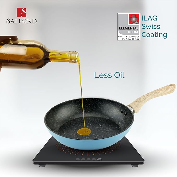 Salford by Ucook Forged Non-stick Frypan With Soft Touch Wooden Handle | Black Spatter Dusty Blue | 240mm | 1.85 Litre