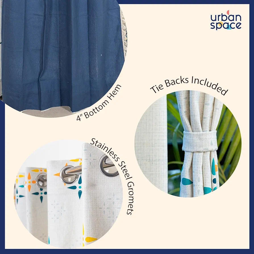 Urban Space Cotton Curtains for Door Set of 3 Curtains for Home Decor Mosaic Yellow and Blue & Aura Indigo
