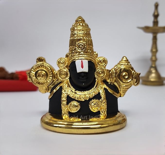 Gold Art India Lord Tirupati Balaji Idol Gold Plated Black Body Murti for Mandir