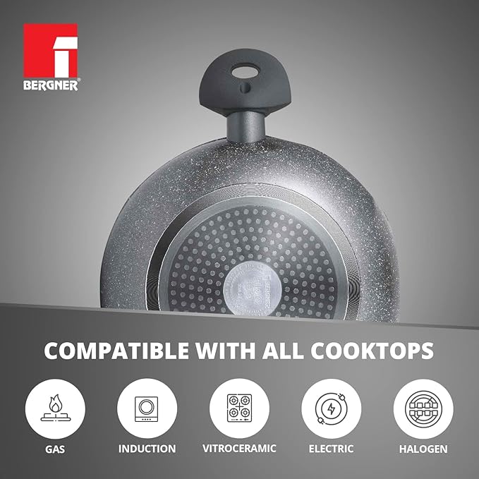 Bergner Orion Nonstick 24 Cm Shallow Kadai | Glass Lid | 2.3 Litres