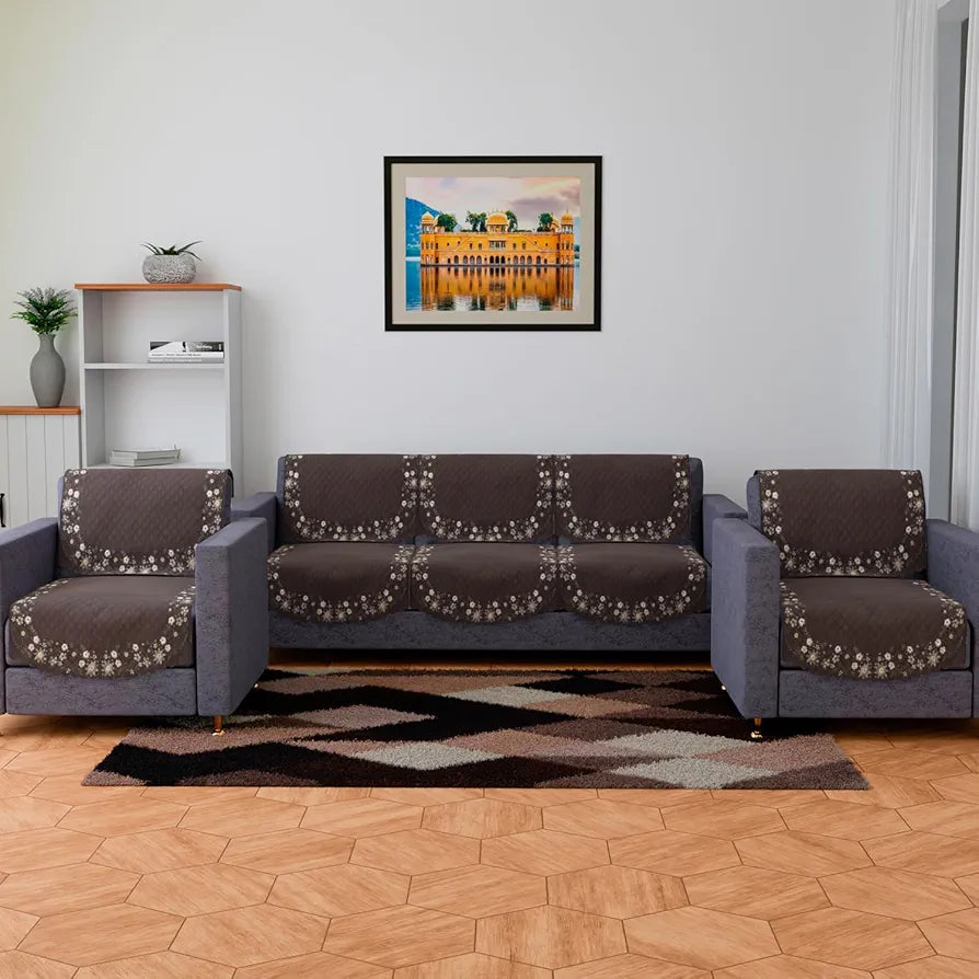 Kuber Industries Sofa Cover 5 Seater Set Digital Painting Quilted Sofa Set for Hall Brown