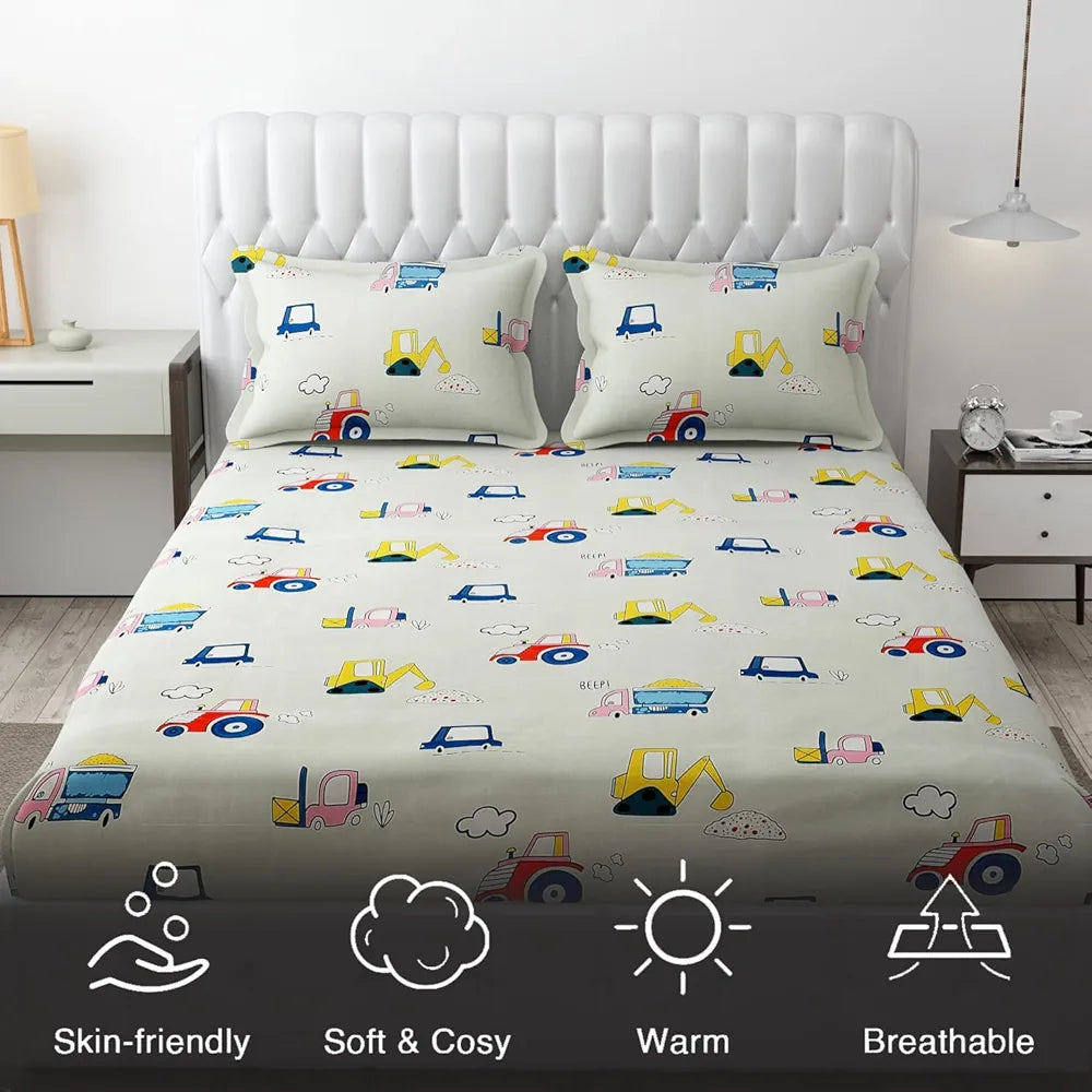 Fresh From Loom Elastic Fitted Bed Sheet with 2 Pillow Cover Cartoon Printed Cream Double Bed 300 TC Cream