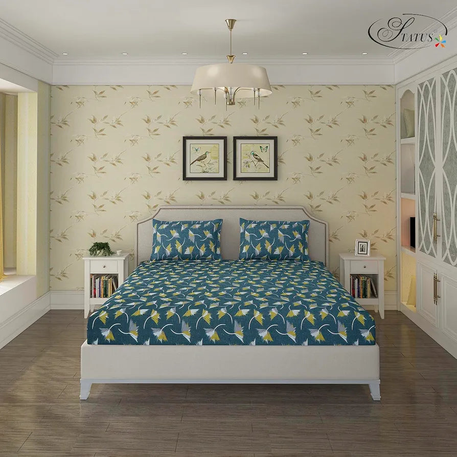Status Contract Spring Summer Collection Rich Double Bedsheet with 2 Pillow Colour Green