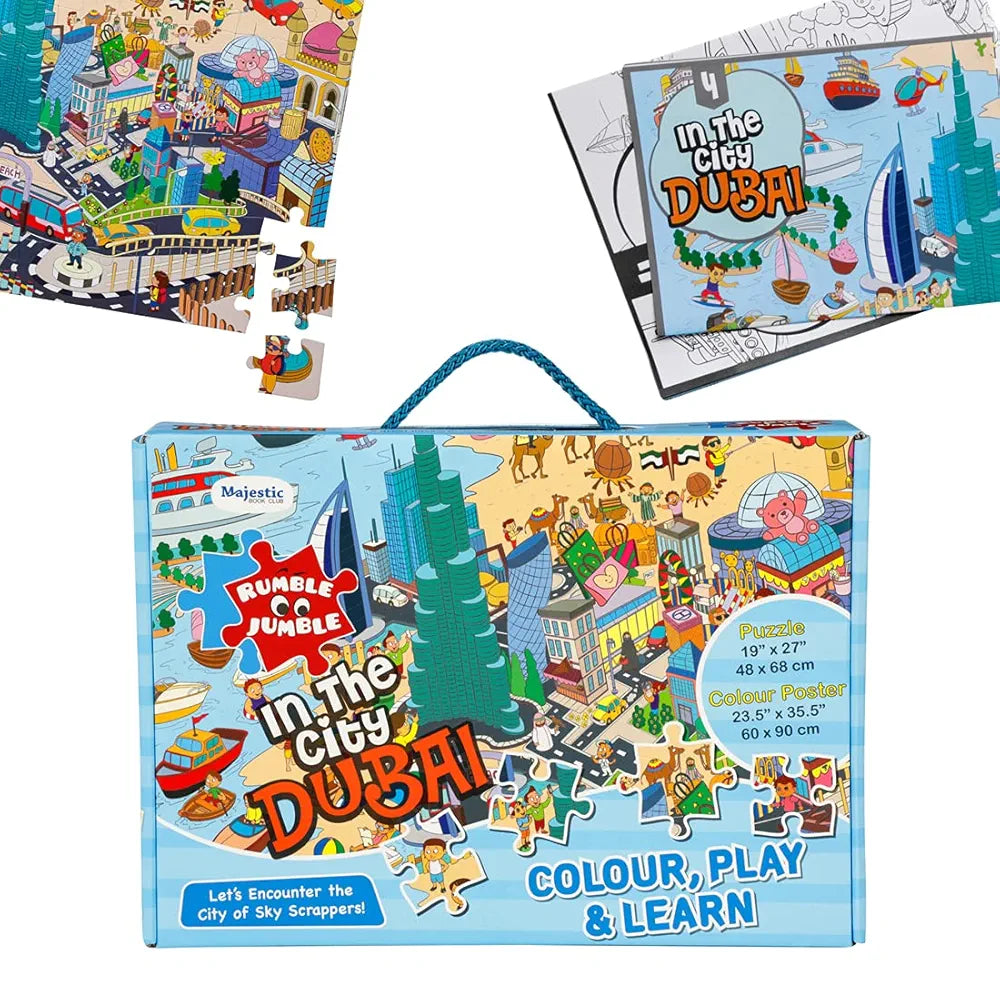 THE BOOK TREE In The City Dubai Fun And Educational Floor Puzzle By Majestic Book Club, Package Includes A Big Size Colouring Poster And Jigsaw Puzzle Packed In A Beautiful Box For Kid