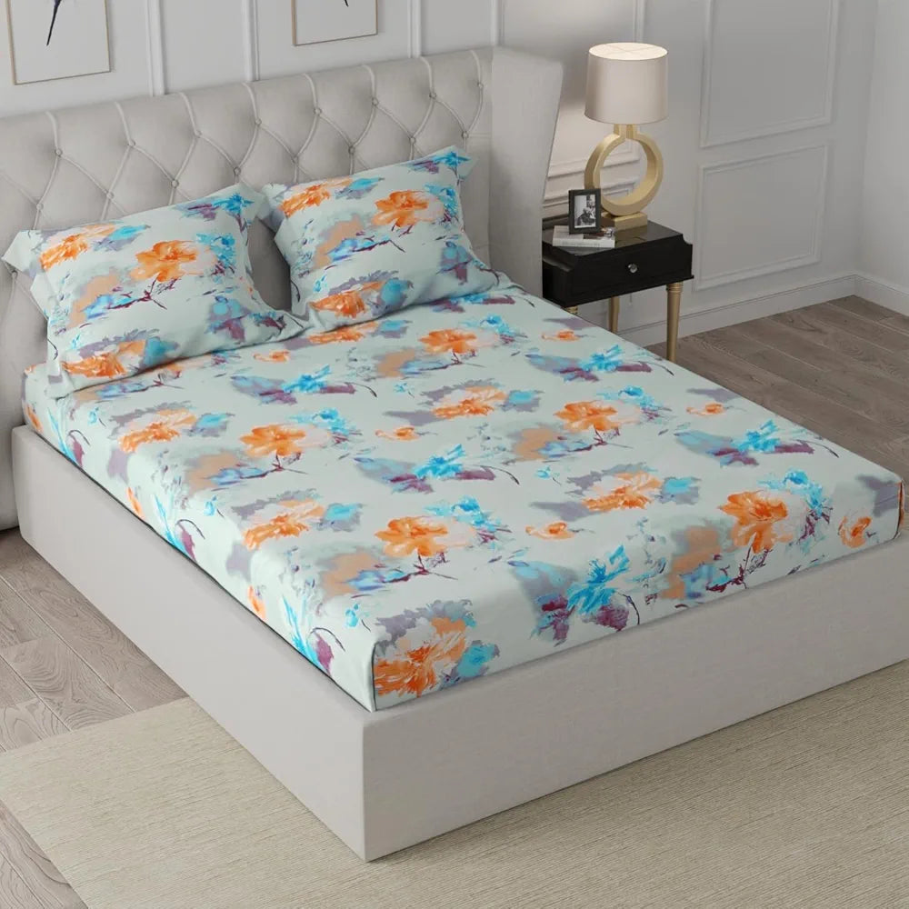 Cloth Fusion Glace Cotton Elastic Fitted Bedsheet for Double Bed King Size with 2 Pillow Covers Tropical Watercolor