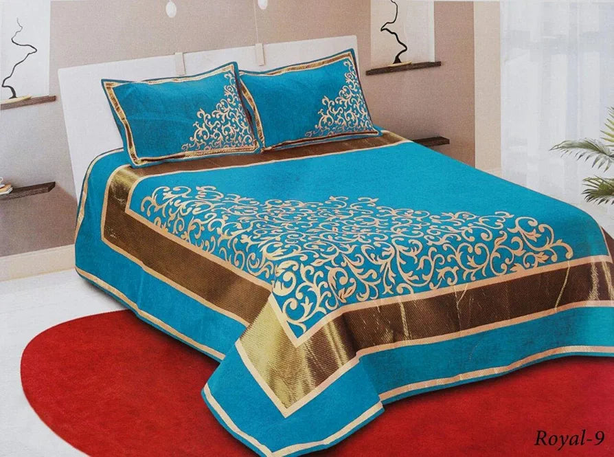 Fresh From Loom Chenille Velvet Abstract 500 TC Heavy Bedsheet for Double Bed King Aqua Color with 2 Pillow Covers Half Trangle Aqua