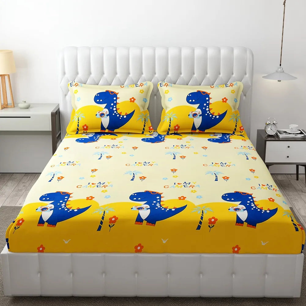 Fresh From Loom Glace Cotton Elastic Fitted Bed Sheet Cartoon Printed Dino 144 Tc Multicolor Cream and Blue Double Bed