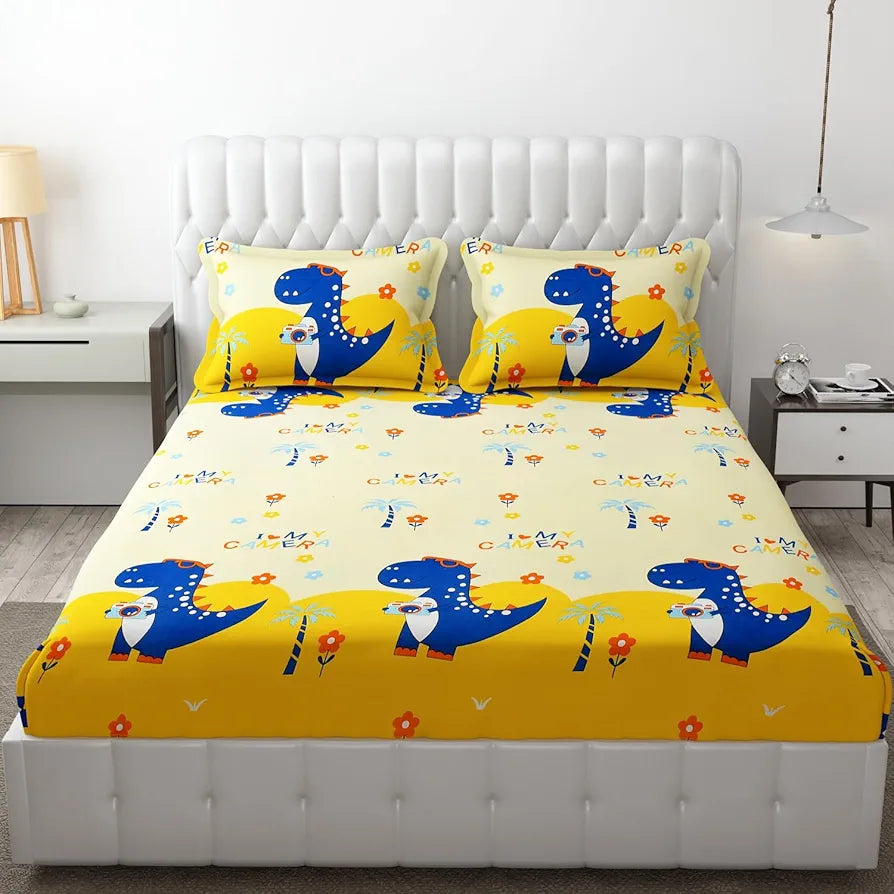 Fresh From Loom Bed Sheet Cartoon Printed Double Bed King Size Bedsheet Multicolor 144 TC Cream and Blue