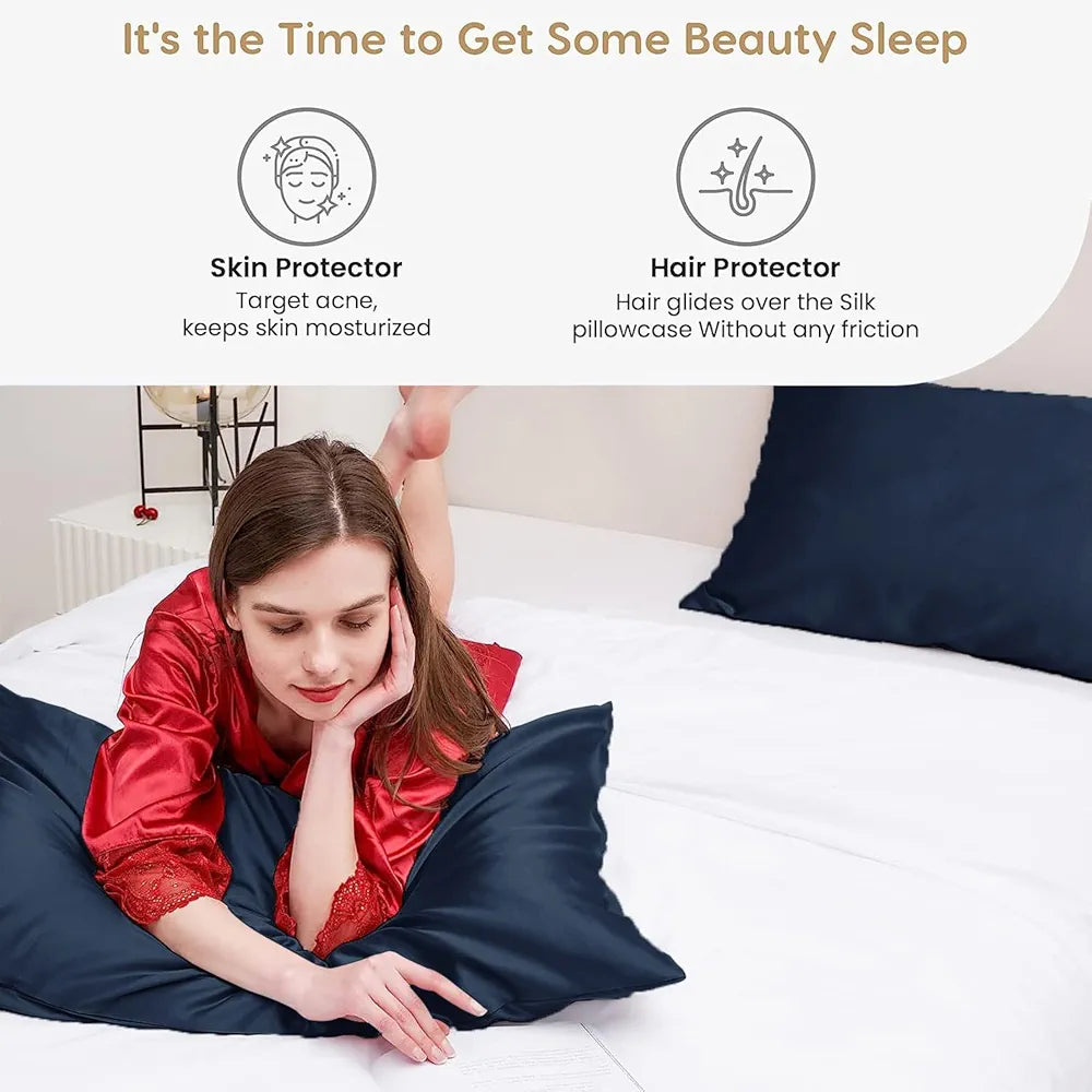 Cloth Fusion Satin Pillow Cover Set of 2 Pillow case with 3 Satin Soft Scrunchies Navy Colour