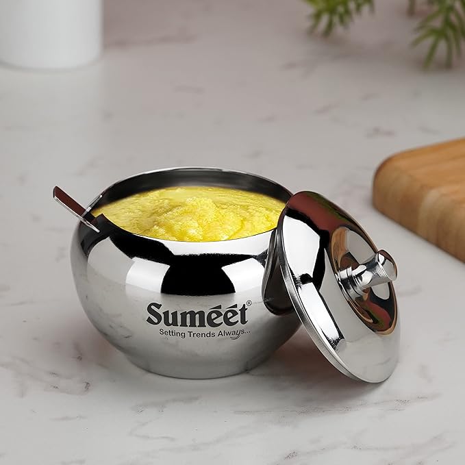 Sumeet Stainless Steel Ghee and Oil Pot With Spoon for Kitchen 9.5cm Dia 330 ml