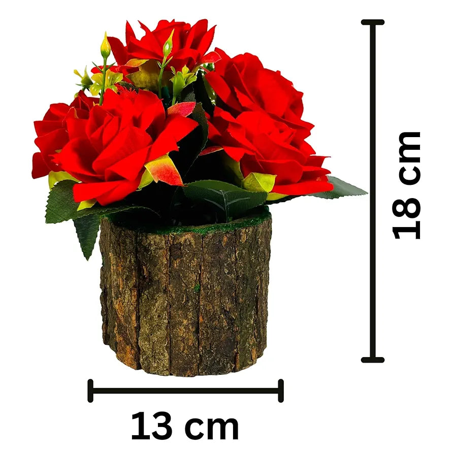 Artificial Silk Rose Fake Flowers Potted Artificial Plants Indoors Natural Wooden Pot