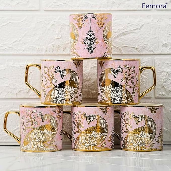 Femora Premium Pink Peacock Pattern Golden Ceramic Coffee & Tea Cup Set of 6 | 180 Ml | Pink