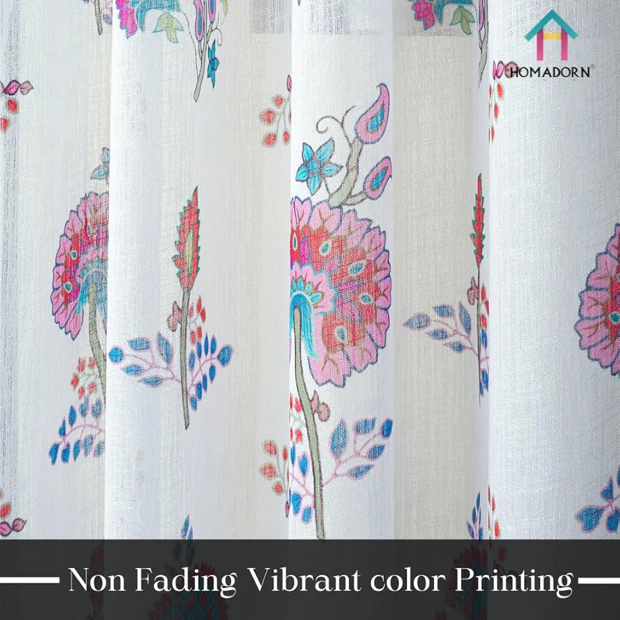 Homadorn Linen Sheer Printed Semi Transparent Curtains for Window Set of 2 Pink Flower