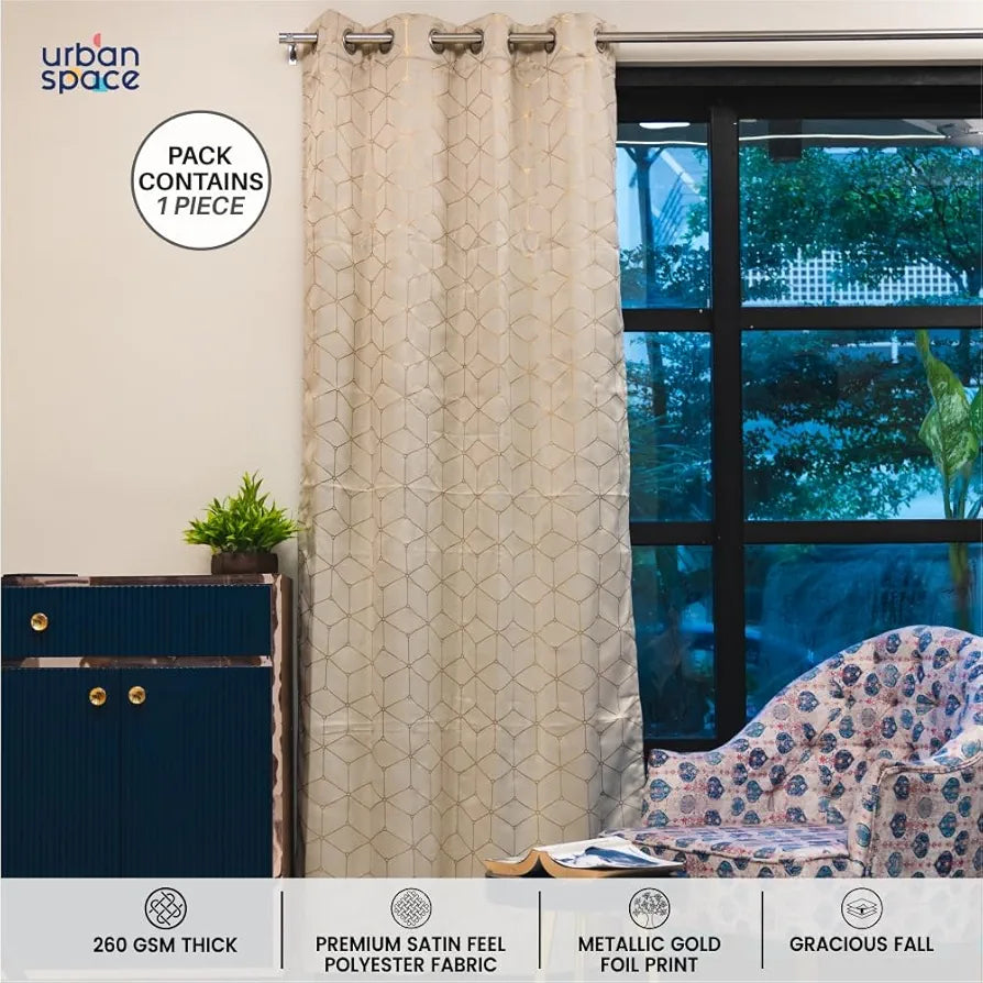 Urban Space Blackout Curtain for Living Room, Gold Foil Printed Blackout Decorative Curtain, Eyelet with Tieback Curtains 1 Piece Hex Beige Colour