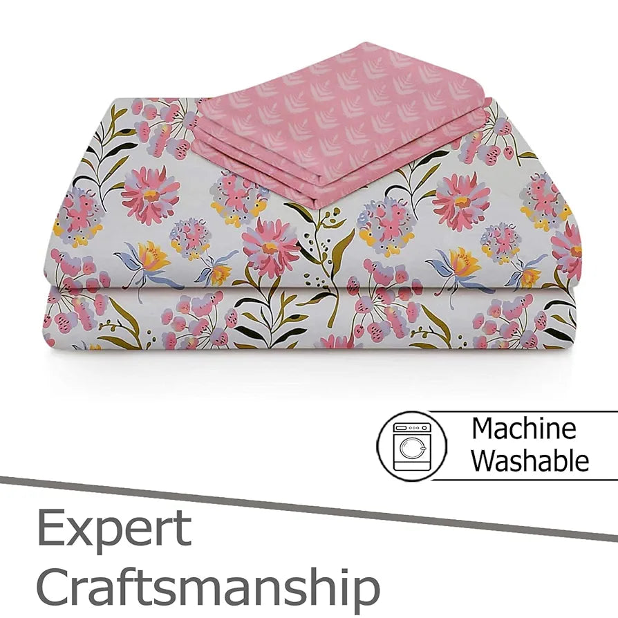 Fresh From Loom Floral XXL Microfiber Soft Cotton Bedsheet 240 TC King Size Bed Cover with 2 Pillow Cover Pink White