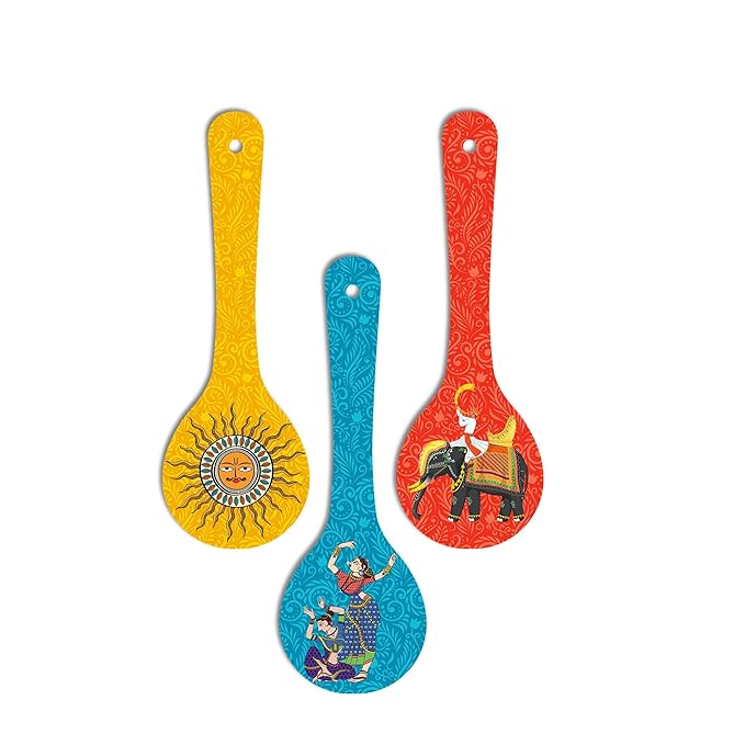 Artvibes Madhubani Art Wooden Wall Hanger for Home | Set of 3