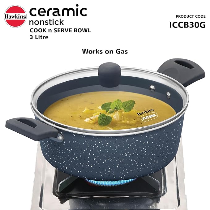 Hawkins Ceramic Nonstick Cook n Serve Bowl with Glass Lid 3 Litre Induction