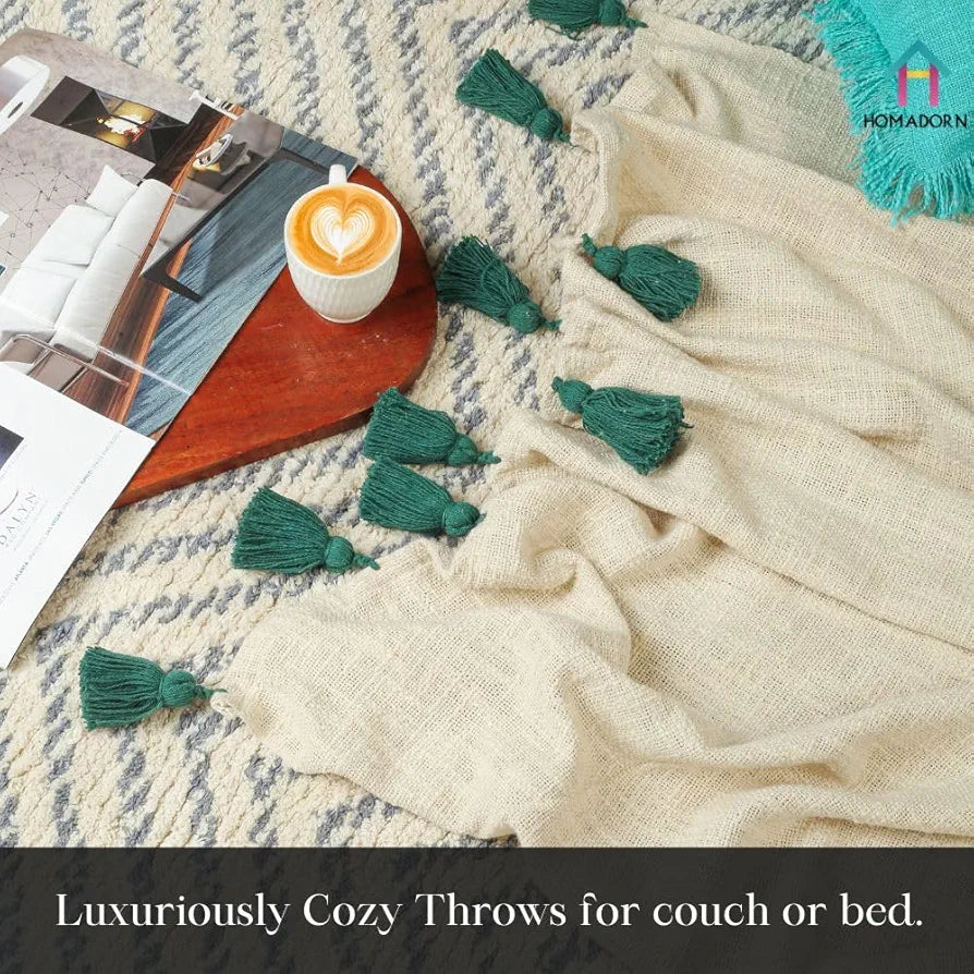 Homadorn TC 250 100% Cotton Off White Throw Blanket with Handmade Colorful Tassel Colour Bottle Green
