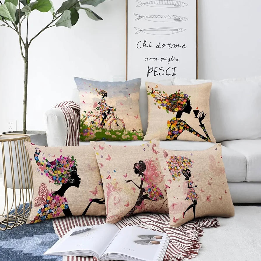 Aerohaven Trendy Designer Girl with Butterfly Hair Print Pillow Covers Pack of 5