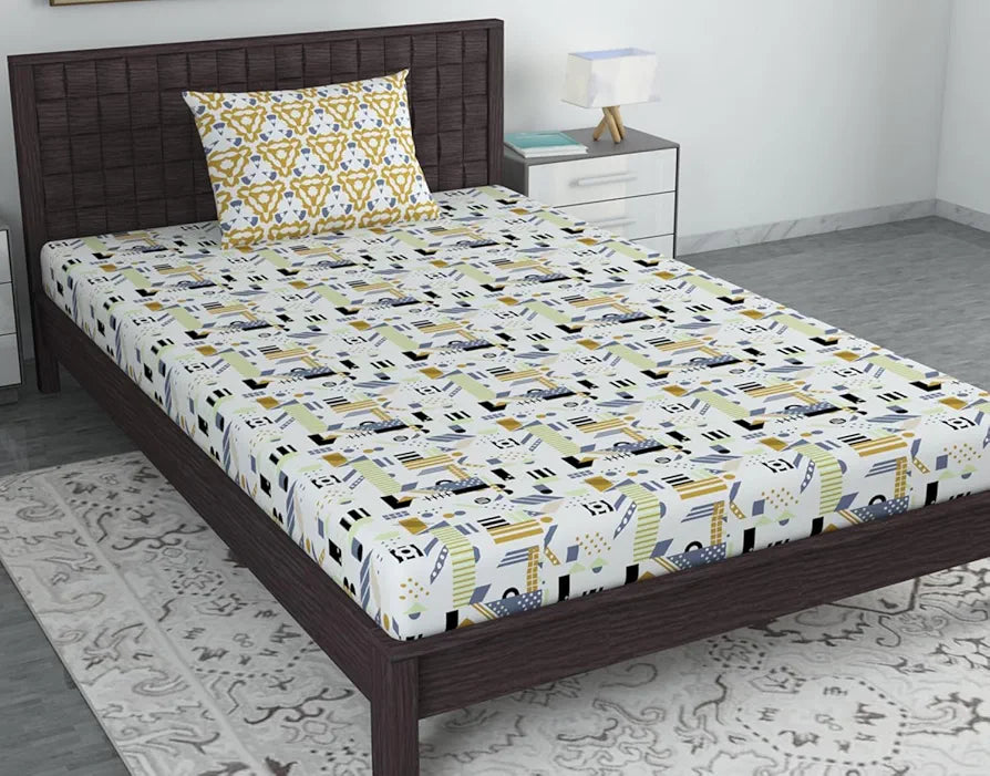 Divine Casa 144 TC Cotton Bedsheet for Single Bed with 1 Pillow Cover Colour Yellow & White
