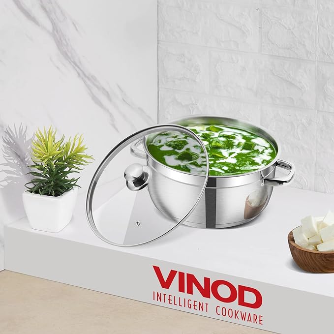 Vinod Bremen Stainless Steel Saucepot with Glass Lid 3 Litre, 20 cm | 2.5mm Thick Base