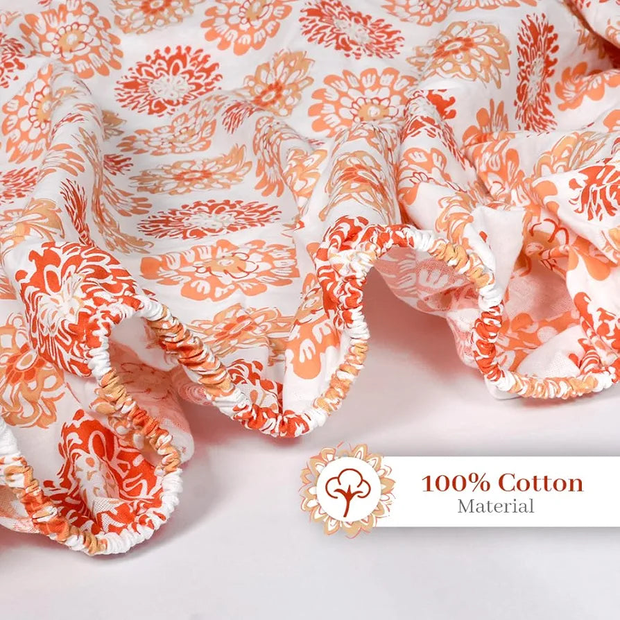 Divine Casa 144 TC 100% Cotton Floral Peach Ultrasoft King Size Bedsheet Cotton Elastic Fitted Pureed Pumpkin
