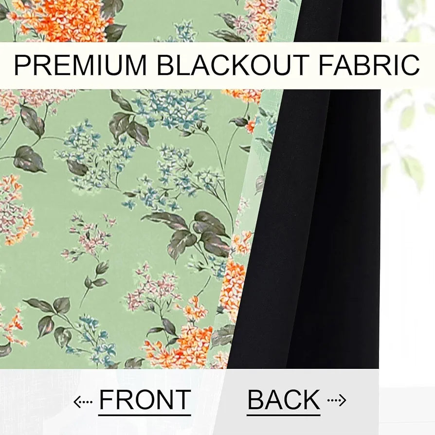 Cloth Fusion Blackout Printed Premium Window Curtains 5 Feet Long Set of 2 Green Coral