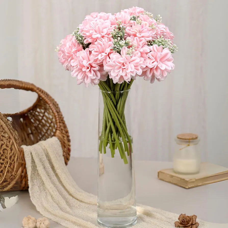 Artificial Dahlia Flower Bunch – 7-Stem Faux Bouquet Realistic Fabric Flower Arrangement Pink