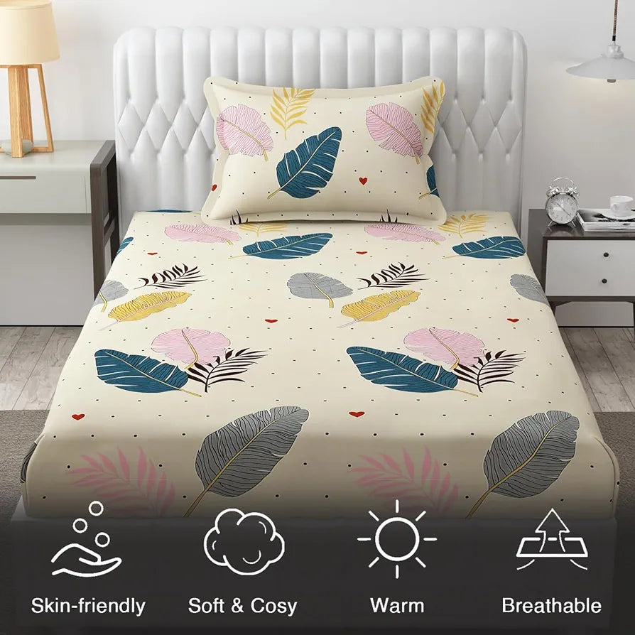 Fresh From Loom Floral Single Bedsheet Single Size Microfiber Rotary Printed with 1 Pillow Covers 144 TC Canary Yellow