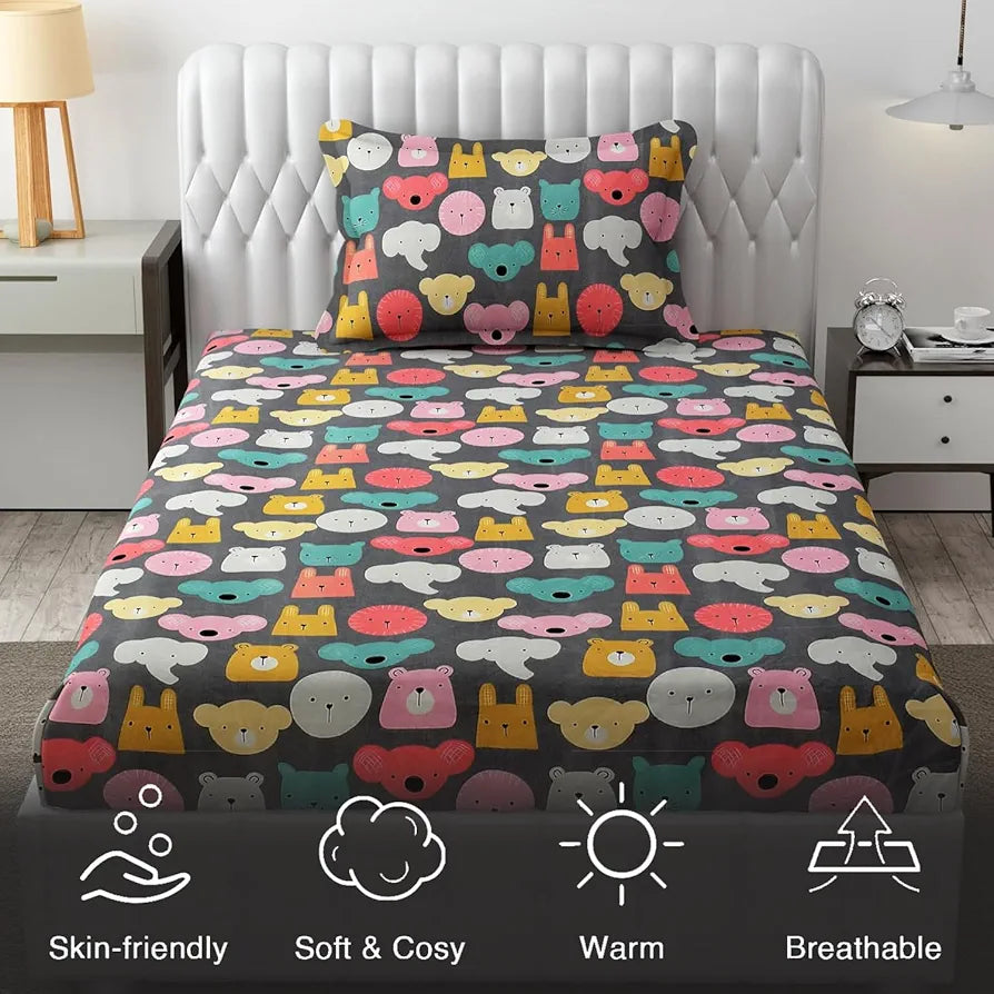 Fresh From Loom Glace Cotton Wrinkle Free Soft Hypoallergenic Bed Sheet Cartoon Printed Single Bedsheet With One Pillow Cover For Kids 144 tc Black