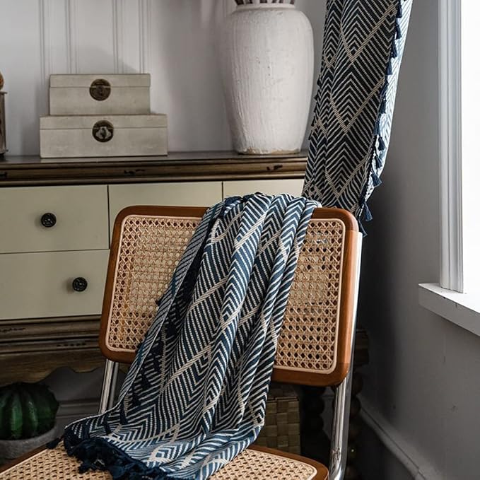 Huesland Cotton Curtains for Windows, 5 Feet Long 1 Bohemian Eyelet Curtain | Navy Wave