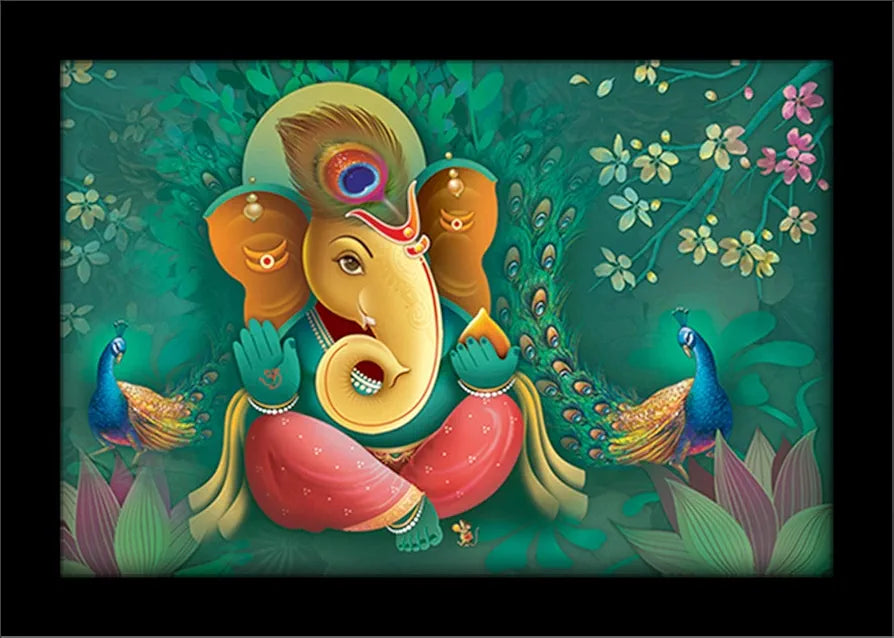 Lifehaxtore Ganesha Art Framed Painting Ganesha with Peacock