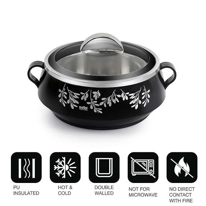 Cello Glitter Casserole With Inner Steel | Insulated Stainless Steel Inner Body Casserole Set for Meal | Set Of 3