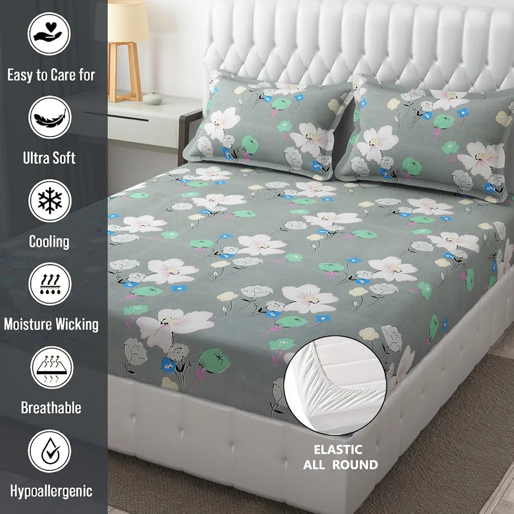 Fresh From Loom King Size Bed With Two Pillow Cover Soft Glace Cotton Fitted Bedsheet Elastic Fitted Bed Sheets 144 TC Leaf Grey